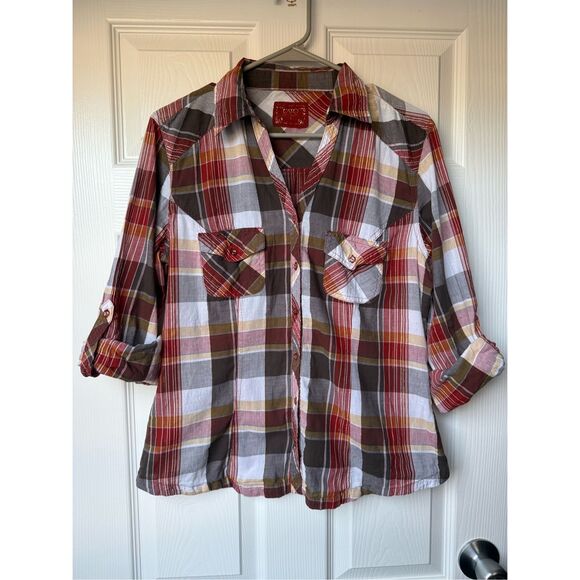 Cato Plaid Blouse Large Women's Orange Sparkle Multicolor Button Down Roll Sleev - Picture 1 of 4